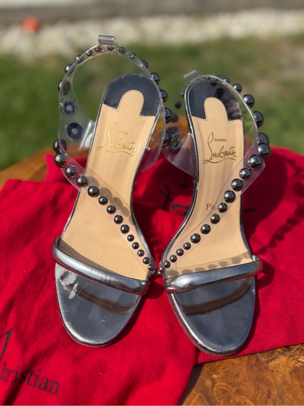 Christian Louboutin Silver Metallic and Clear Studded Stiletto Sandals - Picture 12 of 12